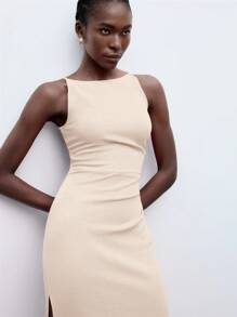 Maija 2025 Autumn/Winter New Apricot Off Shoulder Ruched Waist Side Slit Dress, Modern Elegant Urban Business Casual Office Wear, Suitable For Dates, Parties, Outings, Airports, Romantic Country Music Concerts, Korean Style, Airport, Wedding Guest, Birthday, Halloween, Christmas,Fall Wedding Guest Dress - Apricot - View 7