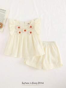 Cozy Pixies 2pcs Baby Girl Round Neck Ruffle Trim Top And Elastic Waist Shorts Set 2 Piece Set Baby Girl Clothes Baby Girl Summer Outfit - Beige - View 8