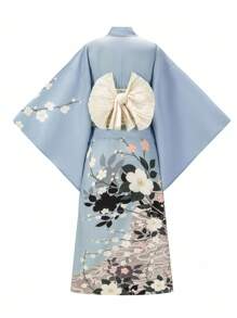 Irokai 日本女士传统印花和服浴衣两件套，夏季节日 - 淺藍色 - 查看 2