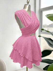 SHEIN Clasi Váy đi biển cổ chữ V khoét sâu dành cho nữ cỡ lớn, thiết kế thời trang, hàng mới về mùa xuân/hè - Màu Hồng baby - Xem 3