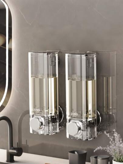 1PC/2PCS塑料无孔吸盘壁挂式按压式手动泡沫皂液器白色透明沐浴露瓶洗手液器适用于酒店浴室家用壁挂式配件浴室必需品泡沫分配器液体容器浴室装饰储存解决方案