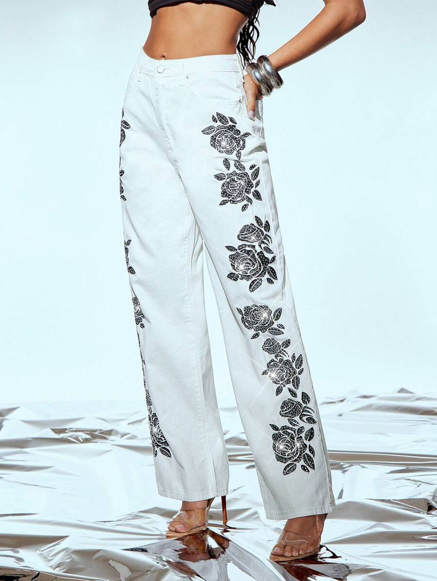 Denimoi 亮片贴片直筒牛仔裤 - 白色 - 查看 1