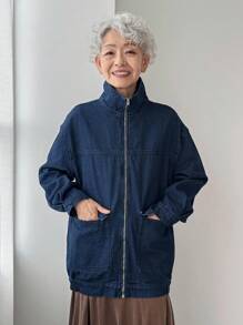 FRIFUL 休闲时尚百搭拉链长袖宽松女式牛仔夹克 - 藍色 - 查看 6