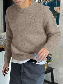 DAZY Men's Solid Color Khaki Knit Sweater, Autumn - Khaki - View 3