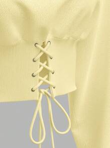 SHEIN EZwear 秋冬季休闲时尚百搭长袖日常针织连帽卫衣女士淡黄色连帽衫 - 黃色 - 查看 4