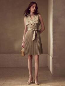 MOTF PREMIUM CONTRAST EMBROIDERY AND SEQUIN DETAIL LAPEL COLLAR BELTED PLEATED HEM SLEEVELESS SHORT DRESS - Khaki - View 5