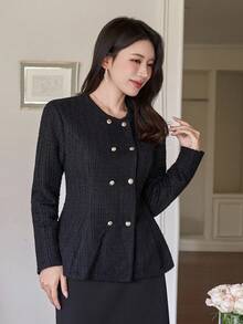 DAZY 纯色修身长袖腰部收紧双排扣喇叭袖口金属装饰优雅复古女式衬衫，秋冬 - 黑色 - 查看 6