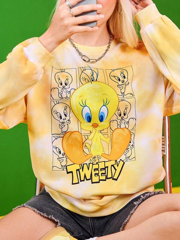 LOONEY TUNES X SHEIN Sudadera holgada con hombros caídos y estampado de teñido anudado con dibujos animados y letras, para primavera/otoño
