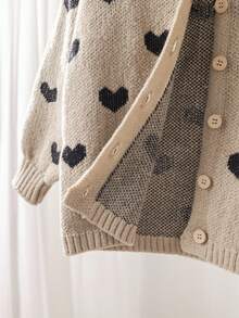 SHEIN LMoss Kids 年轻女孩心形图案休闲落肩长袖针织开衫