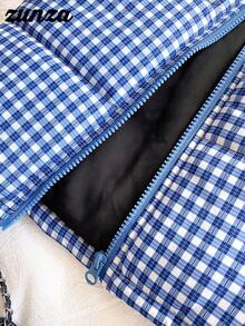 女童背心，休闲可爱百搭，蓝色格子绗缝背心，秋冬女童蓝色背心，蓝色格子背心，儿童蓝色背心 - 藍白色 - 查看 6