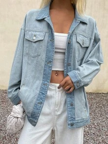 Livesso Women's Casual Everyday Contrast Color Button Up Loose Denim Shirt,Jeans Jacket,Fall Women Clothes - Blue - View 4