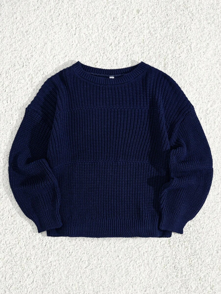 EURMUSE 女式小码休闲罗纹针织圆领毛衣 - 藏蓝色 - 查看 1