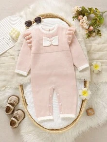 SHEIN Bộ đồ liền thân dệt kim nơ hồng dễ thương cho bé gái, mềm mại và thoải mái, thích hợp mặc hàng ngày, ngoài trời, du lịch, nghỉ mát, ở nhà, nhà trẻ và chơi đùa với bé gái - Màu Hồng baby - Xem 6