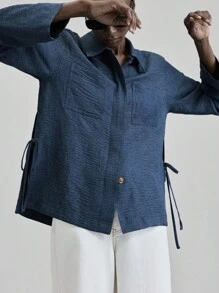 Ontre 2025 New Women's Clothing, Autumn/Winter Apparel, All Season Wear, Winter Outfits, Back To School Looks For Women, Halloween & Christmas Outfits, Women's Teacher Attire, Casual Outings, Night Out Dresses, Wedding Guest Formal Wear, Elegant Wedding Guest Dresses, Church Attire For Women, Business Casual, Women's Business Casual Wear, Versatile Basics, Blouses, Chest Pocket Long Sleeve Shirt Collar Jacket, Women's Shirts,Fall Tops - Medium Wash - View 8