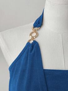 Flirla Áo thun nữ cổ tròn hở lưng co giãn thanh lịch cho kỳ nghỉ hè - Màu xanh lam - Xem 5