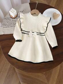 Genkimix Kids Baby Girls Ruffled Collar Twist Rope Knitted Long Sleeve Sweater Dress, Comfortable For Autumn/Winter, Apricot Color, Fashionable & Versatile For Daily, Home, Outdoor, Travel Beige Baby Girl Dress Toddler Knit Dress Baby Girl Long Sleeve Dress Baby Girl Sweater Dress Baby Girl Winter Dress Fall
