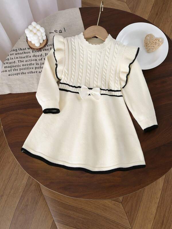 Genkimix Kids Baby Girls Ruffled Collar Twist Rope Knitted Long Sleeve Sweater Dress, Comfortable For Autumn/Winter, Apricot Color, Fashionable & Versatile For Daily, Home, Outdoor, Travel Beige Baby Girl Dress Toddler Knit Dress Baby Girl Long Sleeve Dress Baby Girl Sweater Dress Baby Girl Winter Dress Fall
