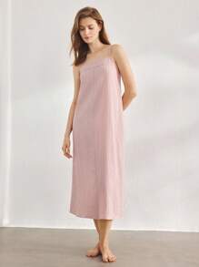 Ocili 女士休闲简约天然亚麻吊带长裙睡衣 - 粉色 - 查看 6