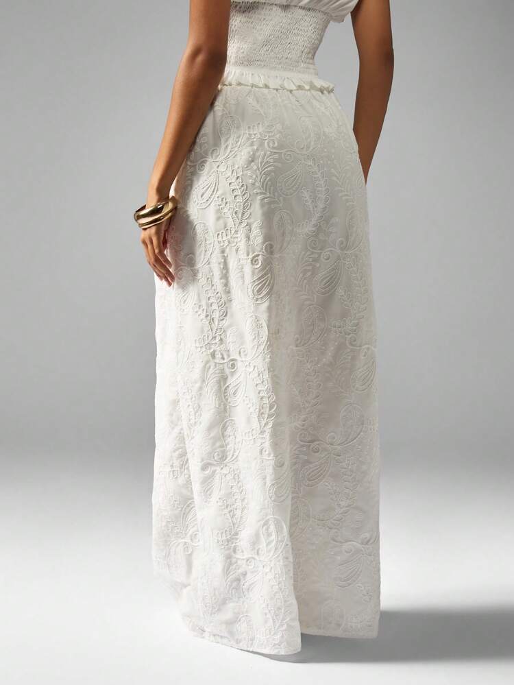 MISSGUIDED Self Fabric Embroidered Maxi Skirt Summer Holiday Resort Wear Floral Beach Vacation Boho Wedding Guest Long Floor Length Skirt