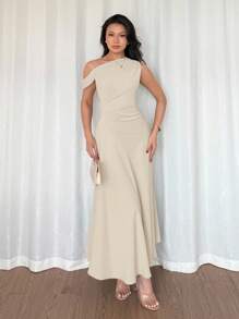 Elenzga 女士节日夏装、毕业典礼、独立日、约会、度假、波西米亚风优雅法式可爱绿色马卡龙色不对称领口荷叶边细节收腰 A 字形连衣裙 - 杏色 - 查看 4