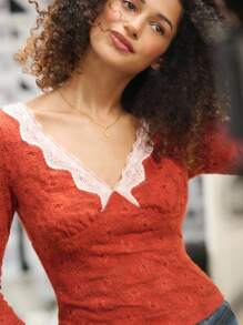 lacRébo Áo ren tay dài cổ chữ V viền ren tương phản cho nữ mùa thu trở lại trường - Rỉ Nâu - Xem 3