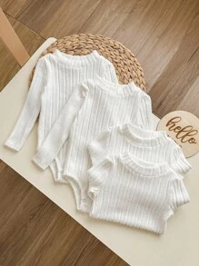 4pcs/Set Basic White Autumn Baby Girl Knitted Long Sleeve Bodysuit,Casual Ribbed Solid Color Sweater Bodysuit,Fall - White - View 3