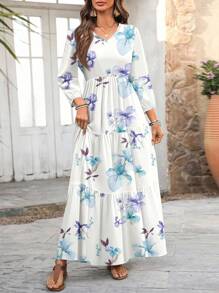 EMERY ROSE 女式休闲简约度假长袖 V 领紫色鸢尾花花卉印花长裙