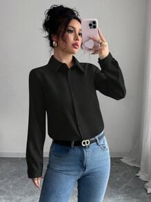 Elenzga Women's Solid Color Long Sleeve Single-Breasted Casual/Work Shirt Fall Cloth For Women - Black - View 5