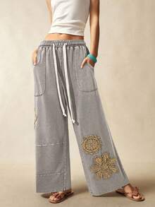 Bohemela Quần dài nữ dáng rộng lưng vừa dệt kim trơn màu phong cách đồng quê giản dị - Màu Xám nhạt - Xem 4