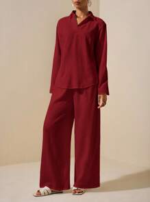 Zivah 2025新款夏季休闲优雅度假日常约会通勤工作服简约基础款翻领长袖落肩宽松衬衫+阔腿超长裤白色女两件套 - 紅色 - 查看 3