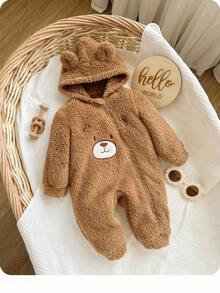 SHEIN 新生女宝宝可爱卡通熊图案毛绒连帽连体衣，秋冬季 - 棕色 - 查看 1