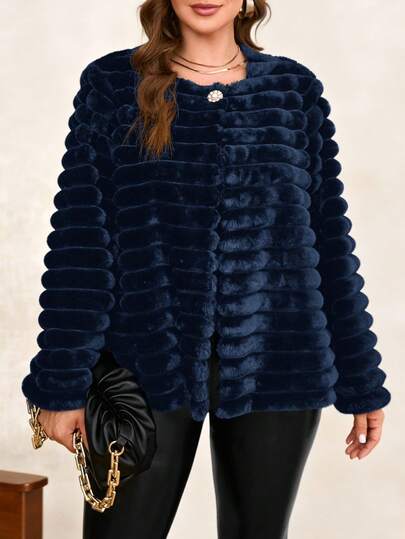 SHEIN Clasi Plus Size Fashionable & Elegant Faux Fur Jacket, Autumn/Winter Fur Jacket Women