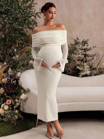 MaterniChic Ropa de otoño, ropa de otoño, ropa de maternidad de otoño/invierno Vestido elegante de maternidad de unicolor con pliegues, hombros descubiertos, manga larga y ajustado para ducha de bebé, sesión de fotos de embarazo, vestido de maternidad de hombros descubiertos blanco, vestido de maternidad, vestido de sesión de fotos de maternidad, vestido de maternidad blanco