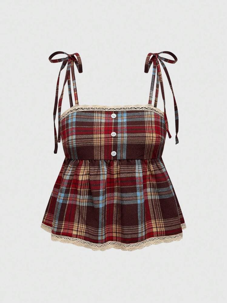ROMWE Grunge Punk Débardeur et débardeur vintage à carreaux rouges et bruns avec décorations de nœuds et bretelles réglables. Grande taille, style universitaire et de rue - Rouge - Voir 1