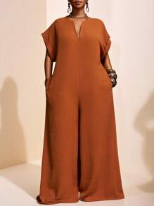 Veslaya Bộ đồ liền thân ống rộng tay ngắn cổ chữ V sâu màu sô cô la phong cách tối giản thanh lịch mới 2025 cho nữ cỡ lớn - Rỉ Nâu - Xem 12