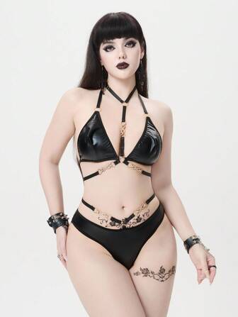 Grunge Punk Conjunto de lencería sexy de bralette y tanga con cadena metálica de estilo punk oscuro