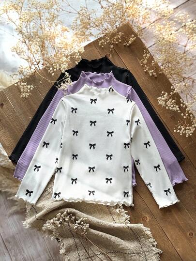 Emery Rose Kids Emery Rose Kids 3件套少女纯色蝴蝶结装饰波浪下摆立领T恤套装