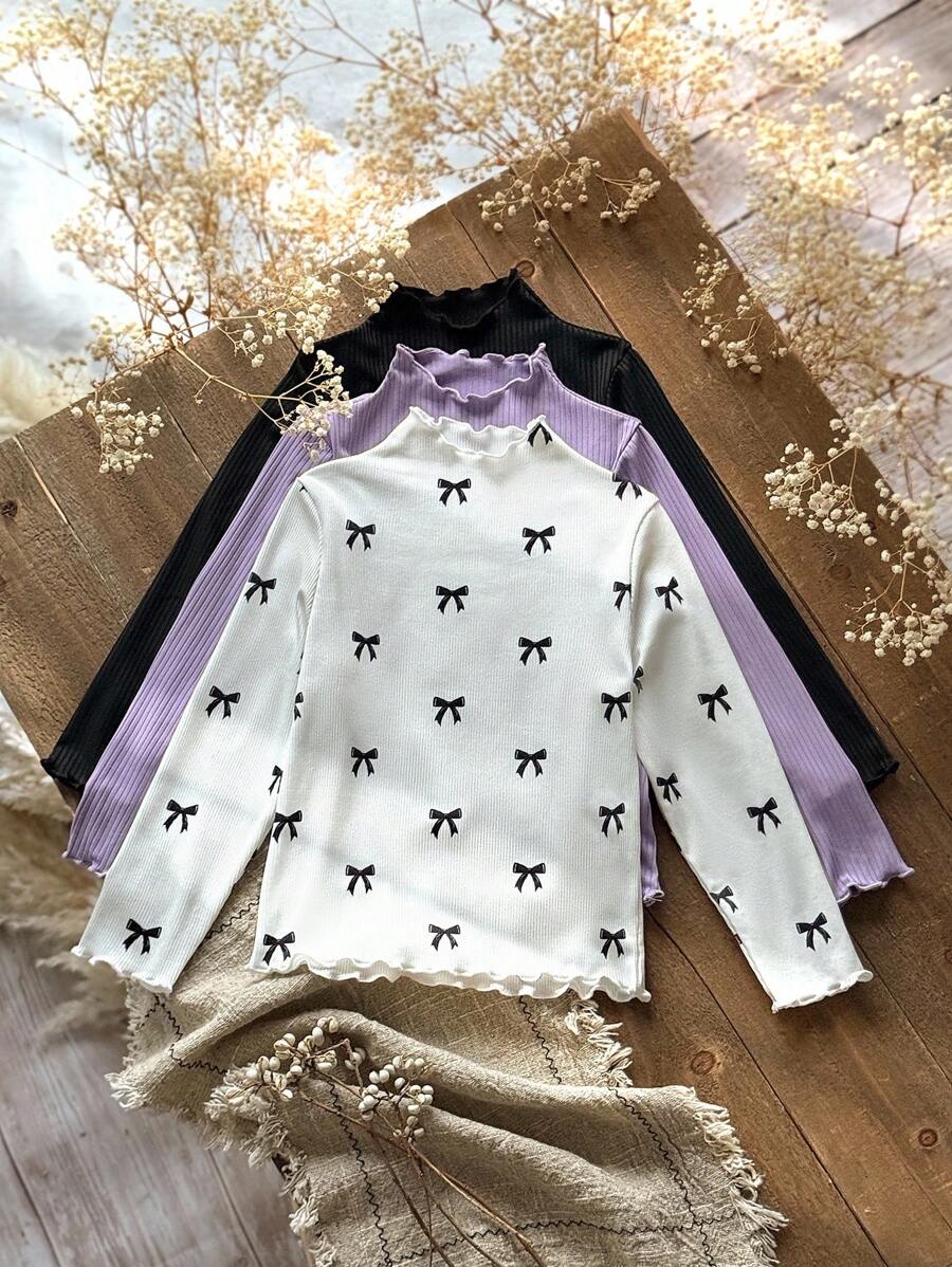 Emery Rose Kids Emery Rose Kids 3件套少女纯色蝴蝶结装饰波浪下摆立领T恤套装 - 彩色 - 查看 1