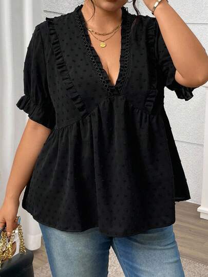 SHEIN CURVE+ 大码夏季休闲纯色荷叶边衬衫