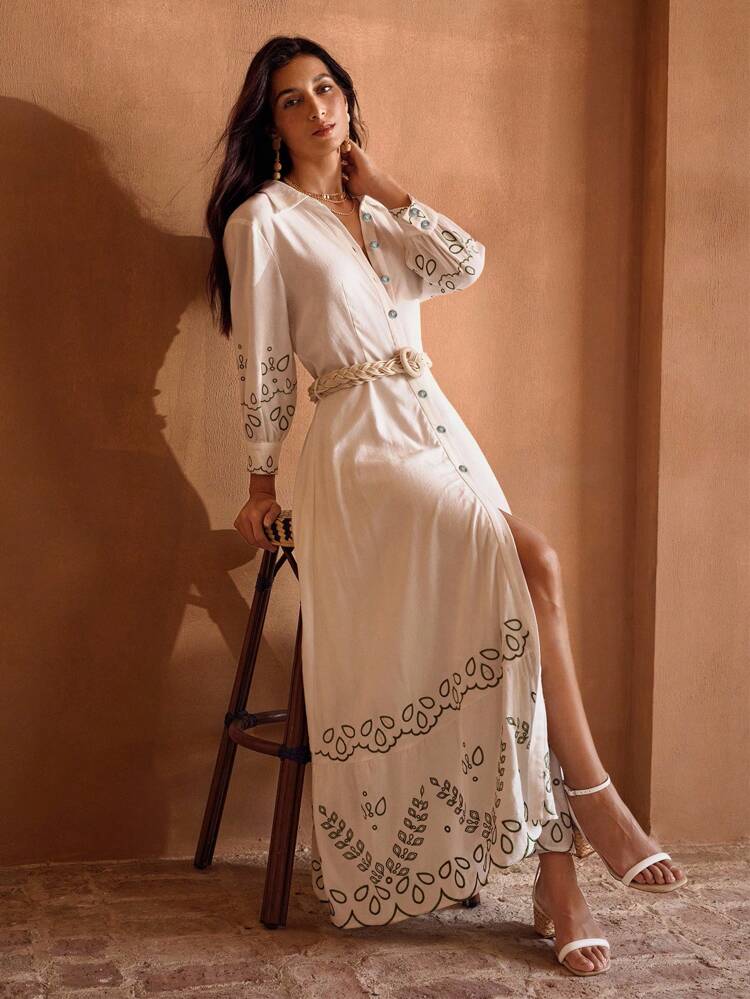 VESTIDO DE CAMISA PARA MUJER DE VERANO DE LINO CON BORDADO Y CINTURÓN PARA VACACIONES