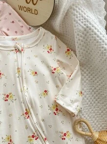 Conjunto de 2 piezas para bebé niña: Mono de manga larga con cremallera al frente, cuello redondo, suave y amigable con la piel, con estampado floral minimalista - Multicolor - Ver 4