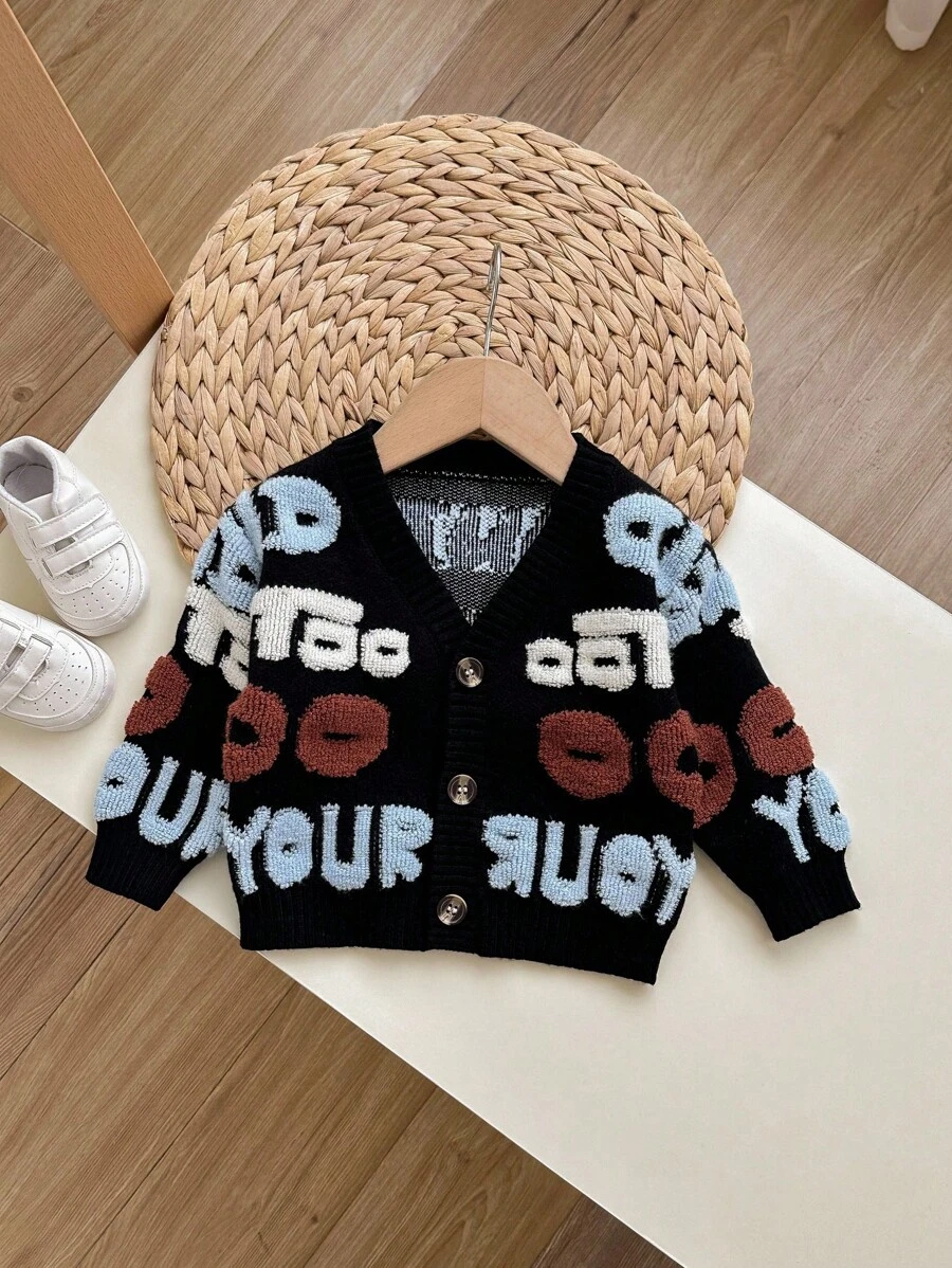 SHEIN 男婴休闲字母图案开衫，秋冬 - 彩色 - 查看 1