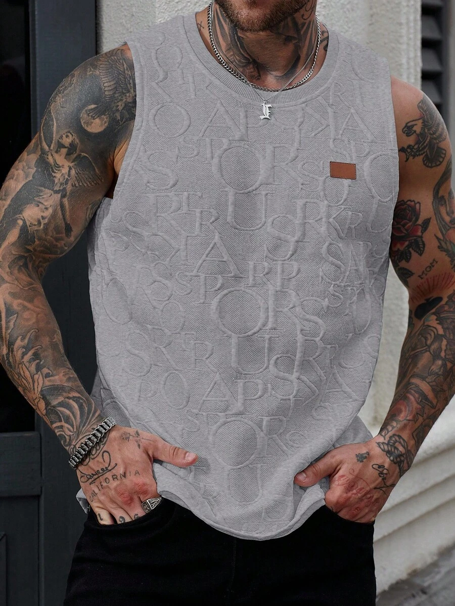 Manfinity Homme 男士休闲字母压纹无袖背心，夏季男士宽松无袖背心灰色上衣 - 淺灰色 - 查看 1