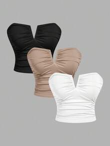 SHEIN MOD Plus Size 3pcs/Set Women's White Deep V Neck Ruched Camisole Top,Autumn Clothes,Fall Clothes,Elegant,Chic,3pcs/Set Women's White Deep V Neck Ruched Camisole Top,Rave,Graduation ,Romantic ,Summer ,Festival,Country Outfits,Beach Vacation Wear,Tea Party ,Modest ,Prom Top,Tube Top With Bra