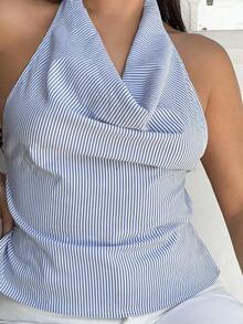 NegzBox 条纹深 V 领露背蝴蝶结时尚性感女式衬衫 - 藍色 - 查看 3