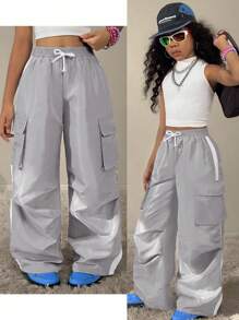 Coolane Kids Tween Girls Fall/Winter Streetwear Sport Basic Flap Pocket Side Drawstring Waist Parachute Grey Cargo Pants - Grey - View 1