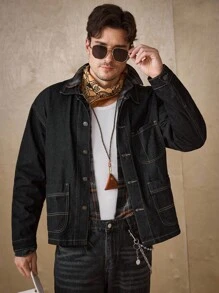 RivetRise 百搭多口袋宽松牛仔夹克 - 黑色 - 查看 1