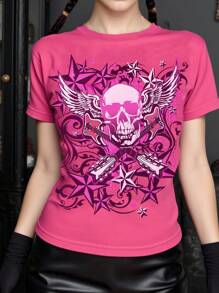 INAWLY Women Regular Pattern Print Pink Round Neck Short Sleeve T-Shirt - Pink - View 1