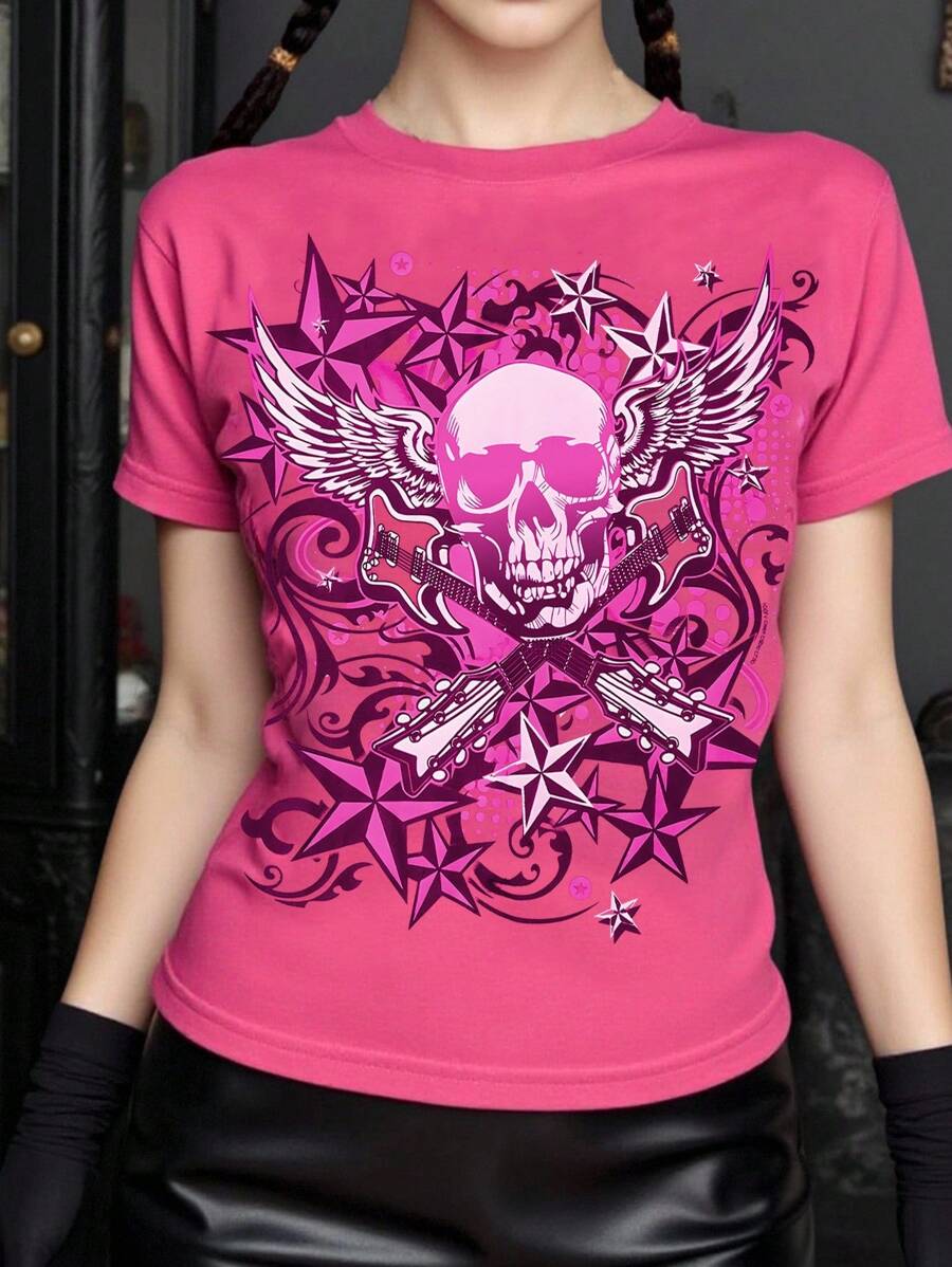 INAWLY Women Regular Pattern Print Pink Round Neck Short Sleeve T-Shirt - Pink - View 1