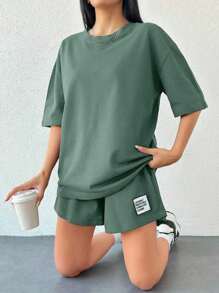 EURMUSE 100%Cotton Women Solid Color T-Shirt & Embroidery Detailed Shorts